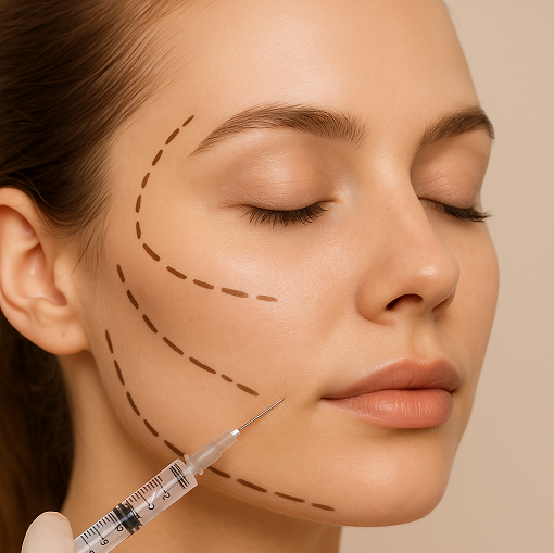 نمای نزدیک تزریق فیلر برای کانتورینگ صورت، فرم‌دهی گونه و چانه، زاویه‌سازی طبیعی صورت گرد و چاق