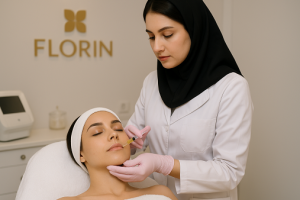 یک متخصص پوست در کلینیک فلورین کرج در حال تزریق PRP صورت به مراجع خانم است. این درمان طبیعی با استفاده از پلاسمای غنی از پلاکت باعث جوانسازی پوست، کاهش چین‌وچروک و بهبود رنگ پوست می‌شود.
